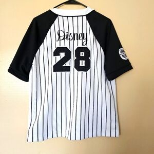 Disney Mickey Mouse Pinstripe Baseball Jersey Shirt #28 Black White Mens Size S